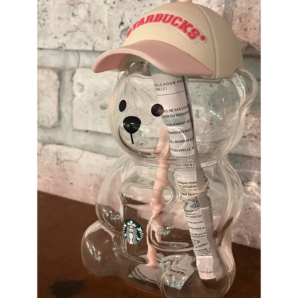 2026 Starbucks Pink Bearista Glass Bear Tumbler Cup w Baseball Cap Strawberry